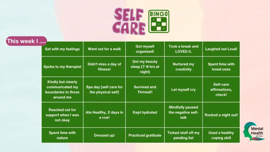 Self Care Bingo Challenge for a Healthier Workday